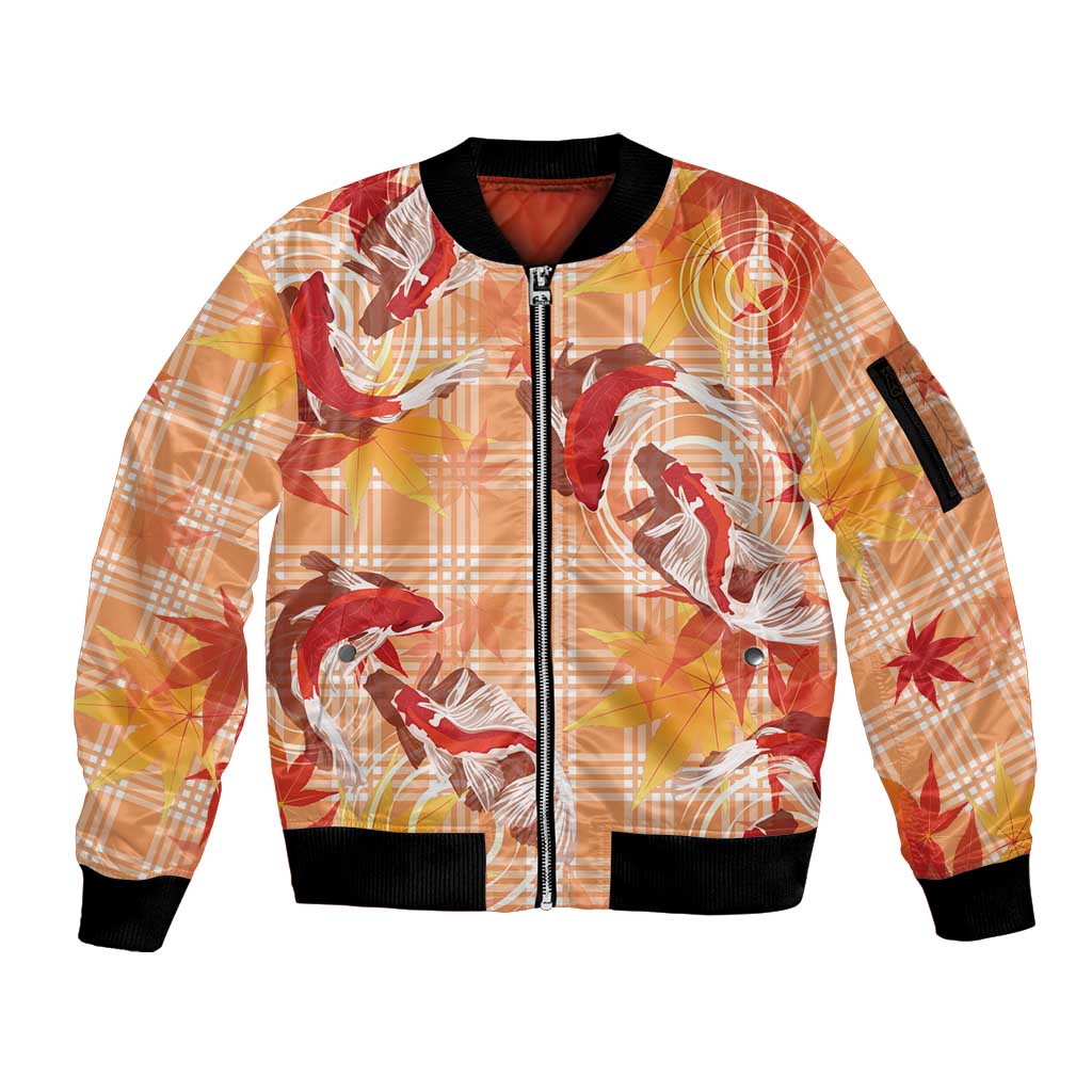 Orange Palaka Hawaii Aloha Sleeve Zip Bomber Jacket Koi Pond Mix Japanese Maple - Polynesian Pride