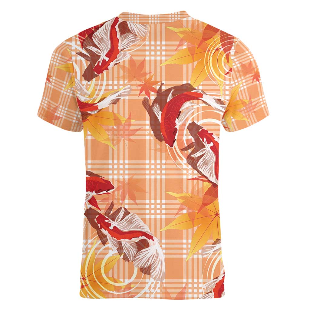 Orange Palaka Hawaii Aloha Women V-Neck T-Shirt Koi Pond Mix Japanese Maple - Polynesian Pride