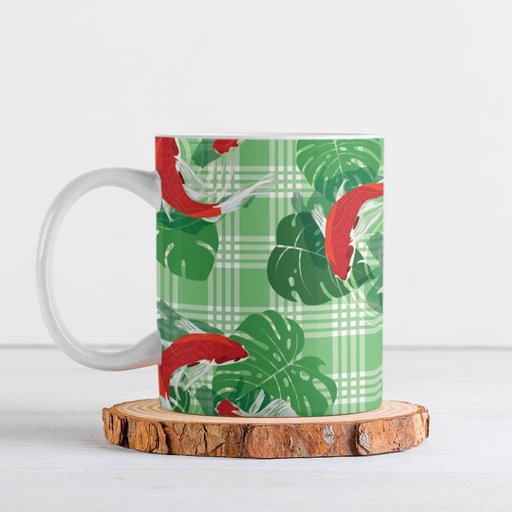 Lime Palaka Hawaii Aloha Ceramic Mug Koi Pond Mix Monstera - Polynesian Pride