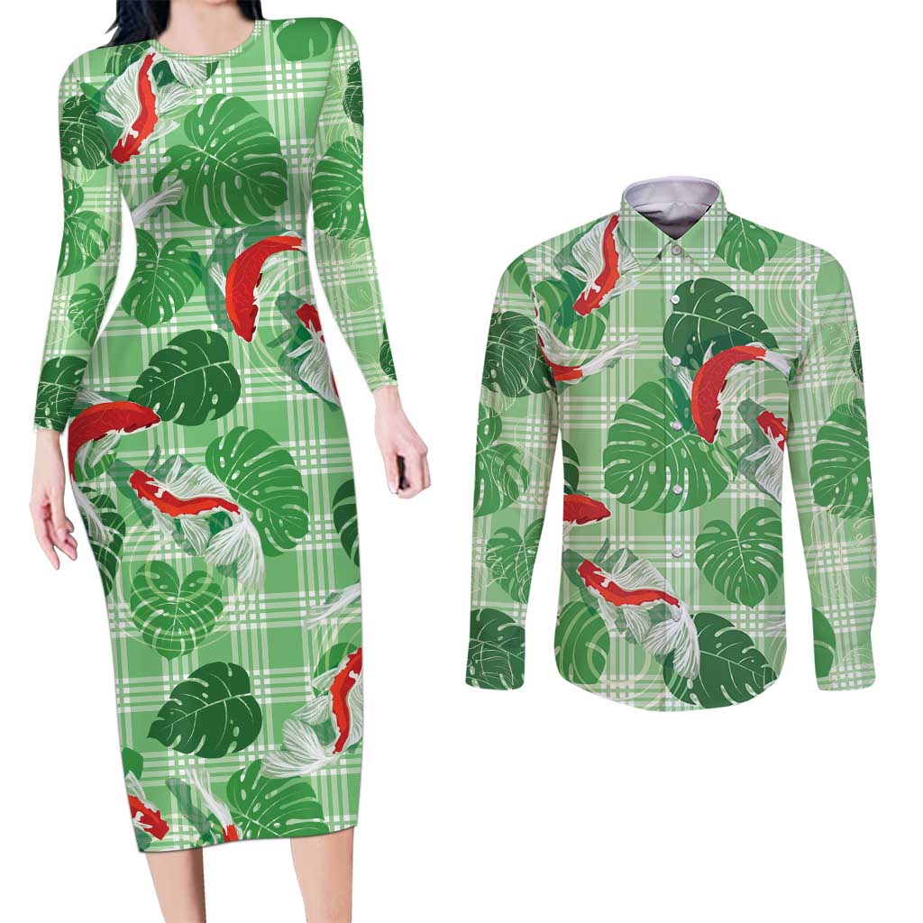Lime Palaka Hawaii Aloha Couples Matching Long Sleeve Bodycon Dress and Long Sleeve Button Shirt Koi Pond Mix Monstera - Polynesian Pride