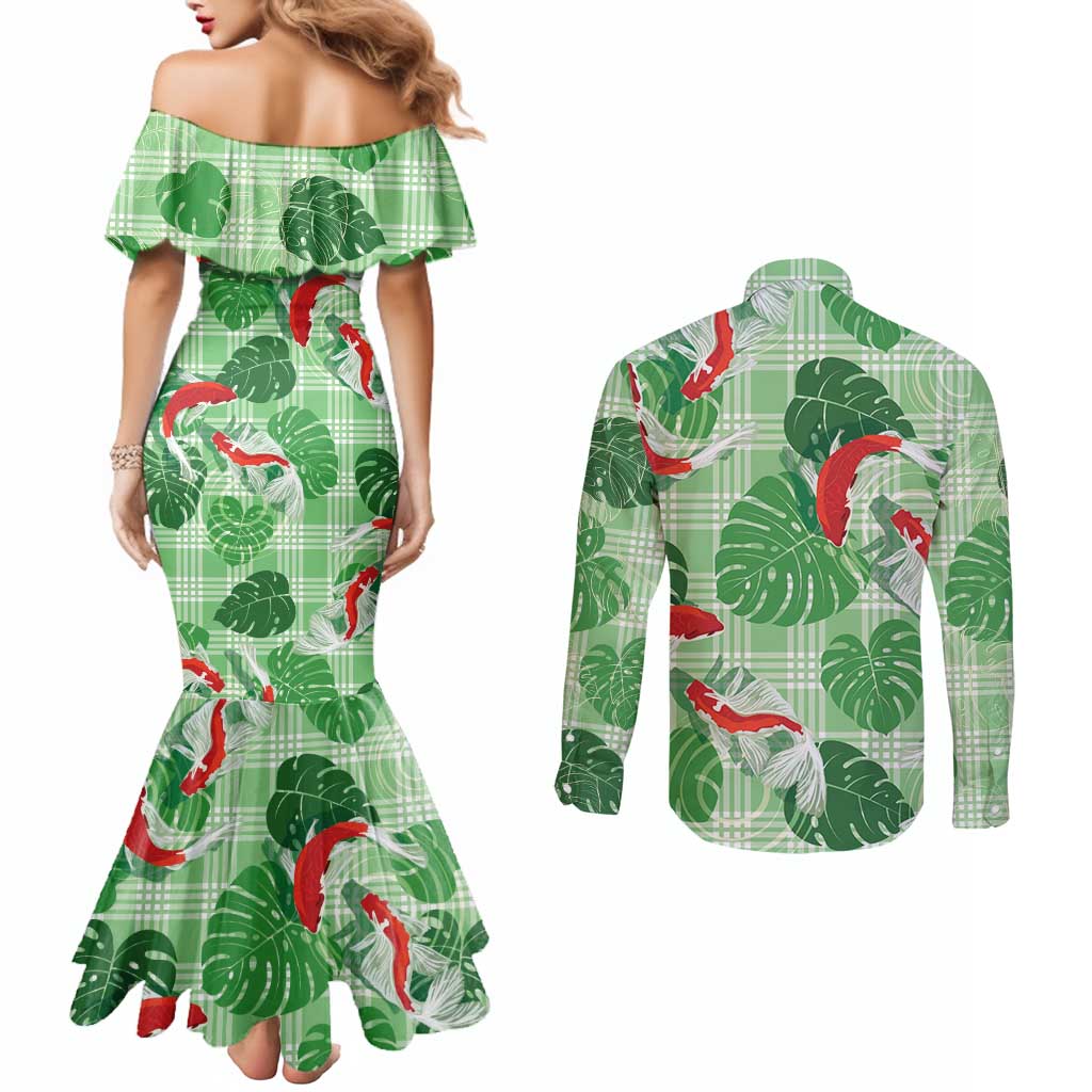 Lime Palaka Hawaii Aloha Couples Matching Mermaid Dress and Long Sleeve Button Shirt Koi Pond Mix Monstera - Polynesian Pride