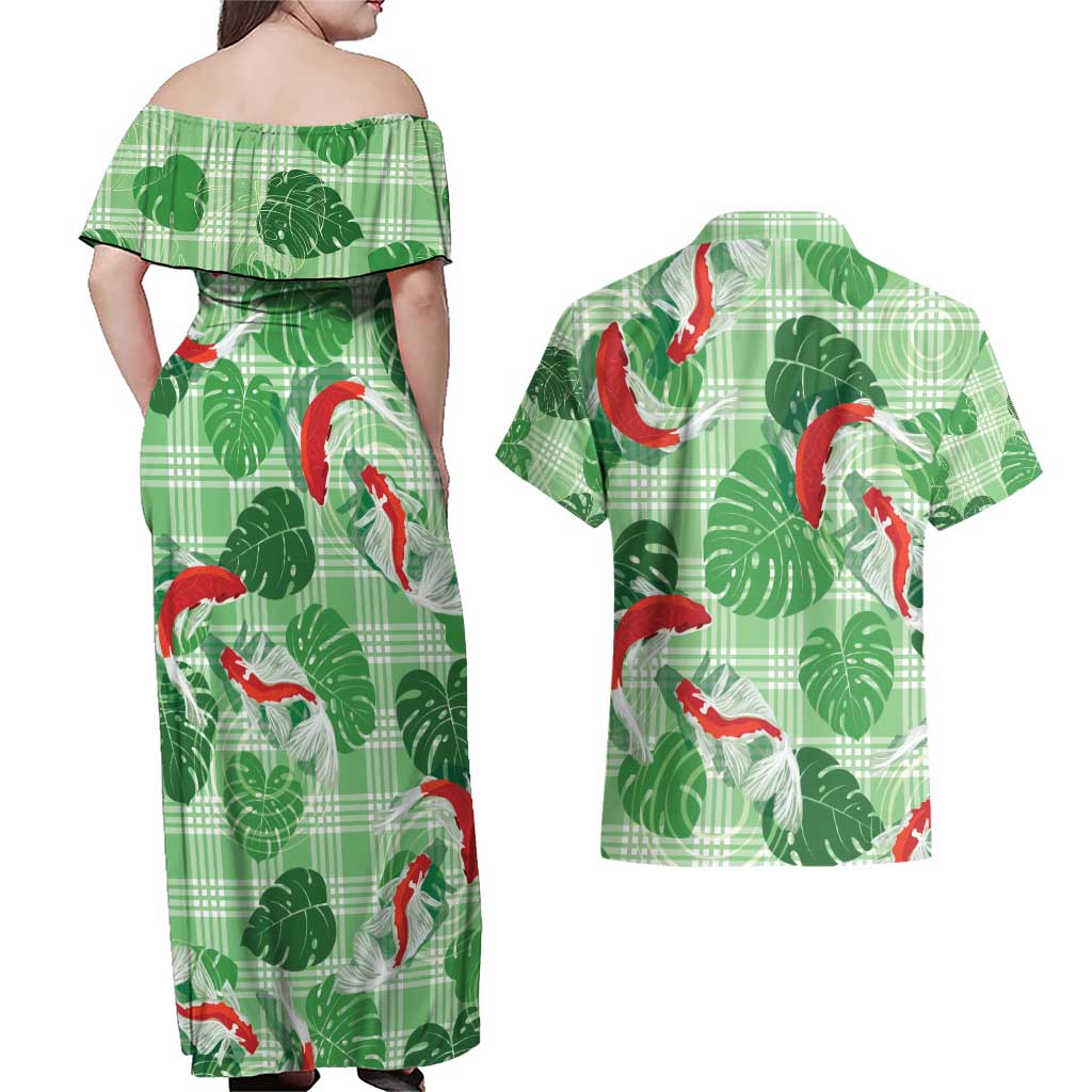 Lime Palaka Hawaii Aloha Couples Matching Off Shoulder Maxi Dress and Hawaiian Shirt Koi Pond Mix Monstera - Polynesian Pride