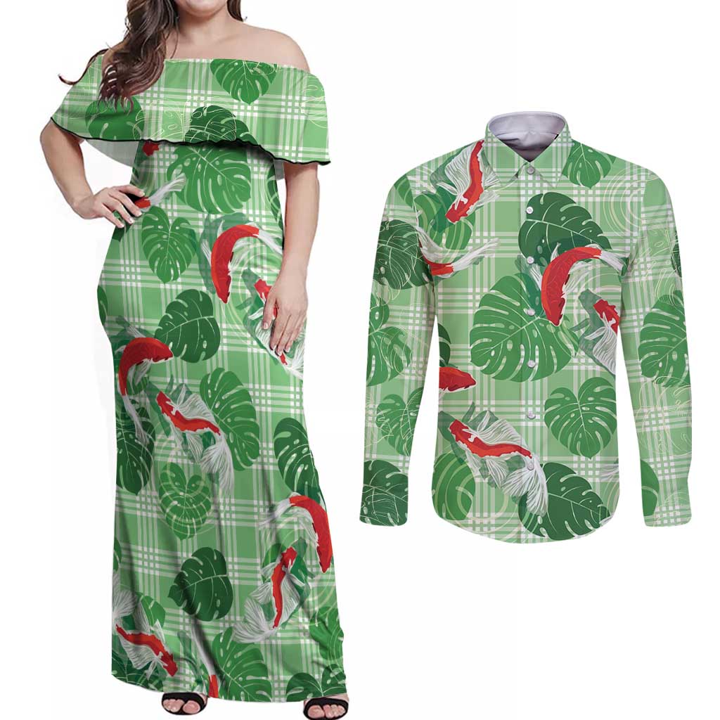 Lime Palaka Hawaii Aloha Couples Matching Off Shoulder Maxi Dress and Long Sleeve Button Shirt Koi Pond Mix Monstera - Polynesian Pride