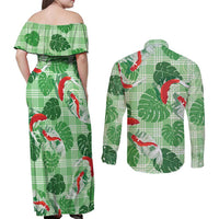 Lime Palaka Hawaii Aloha Couples Matching Off Shoulder Maxi Dress and Long Sleeve Button Shirt Koi Pond Mix Monstera - Polynesian Pride