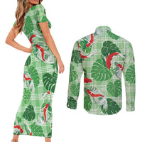 Lime Palaka Hawaii Aloha Couples Matching Short Sleeve Bodycon Dress and Long Sleeve Button Shirt Koi Pond Mix Monstera - Polynesian Pride