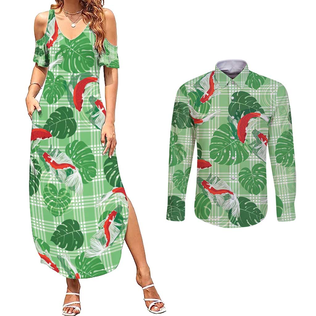 Lime Palaka Hawaii Aloha Couples Matching Summer Maxi Dress and Long Sleeve Button Shirt Koi Pond Mix Monstera - Polynesian Pride
