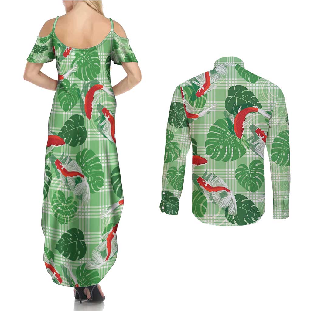 Lime Palaka Hawaii Aloha Couples Matching Summer Maxi Dress and Long Sleeve Button Shirt Koi Pond Mix Monstera - Polynesian Pride
