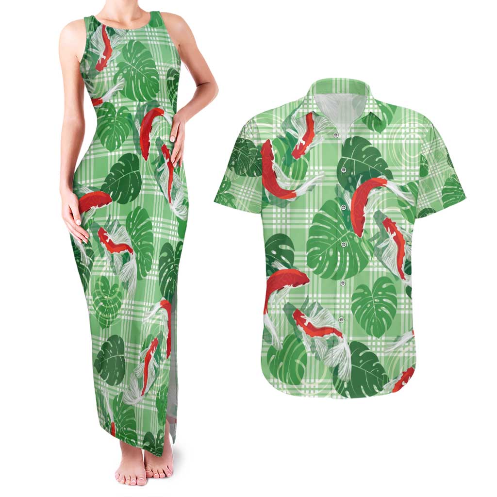 Lime Palaka Hawaii Aloha Couples Matching Tank Maxi Dress and Hawaiian Shirt Koi Pond Mix Monstera - Polynesian Pride