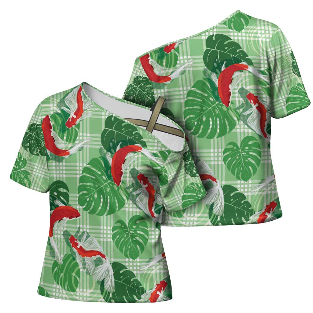 Lime Palaka Hawaii Aloha Cross Shoulder Shirt Koi Pond Mix Monstera - Polynesian Pride