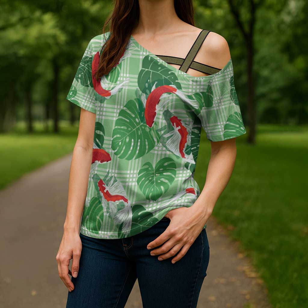 Lime Palaka Hawaii Aloha Cross Shoulder Shirt Koi Pond Mix Monstera - Polynesian Pride