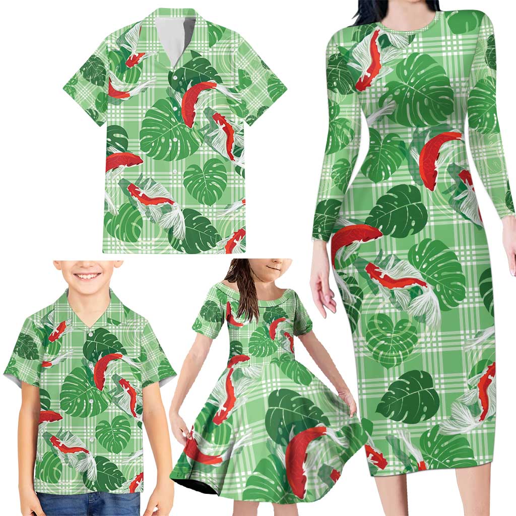 Lime Palaka Hawaii Aloha Family Matching Long Sleeve Bodycon Dress and Hawaiian Shirt Koi Pond Mix Monstera - Polynesian Pride
