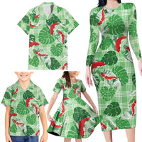 Lime Palaka Hawaii Aloha Family Matching Long Sleeve Bodycon Dress and Hawaiian Shirt Koi Pond Mix Monstera - Polynesian Pride
