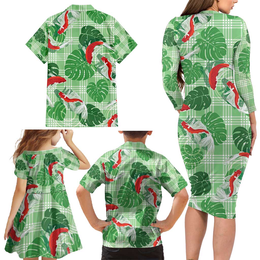 Lime Palaka Hawaii Aloha Family Matching Long Sleeve Bodycon Dress and Hawaiian Shirt Koi Pond Mix Monstera - Polynesian Pride