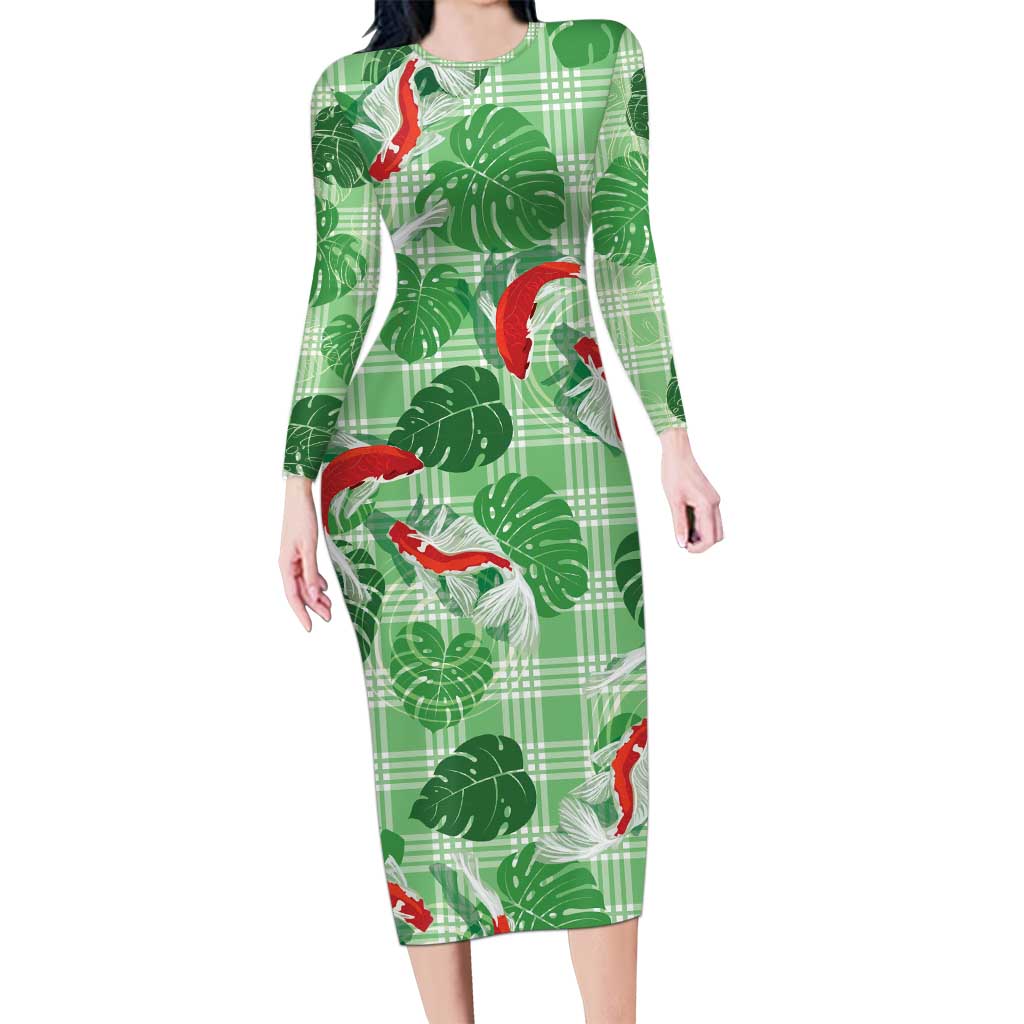 Lime Palaka Hawaii Aloha Family Matching Long Sleeve Bodycon Dress and Hawaiian Shirt Koi Pond Mix Monstera - Polynesian Pride