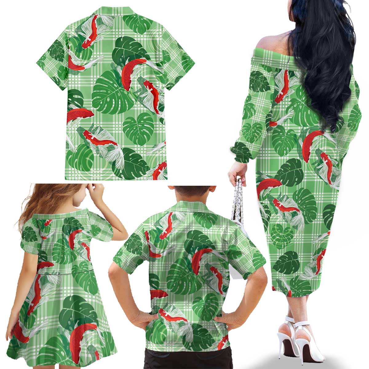 Lime Palaka Hawaii Aloha Family Matching Off The Shoulder Long Sleeve Dress and Hawaiian Shirt Koi Pond Mix Monstera - Polynesian Pride