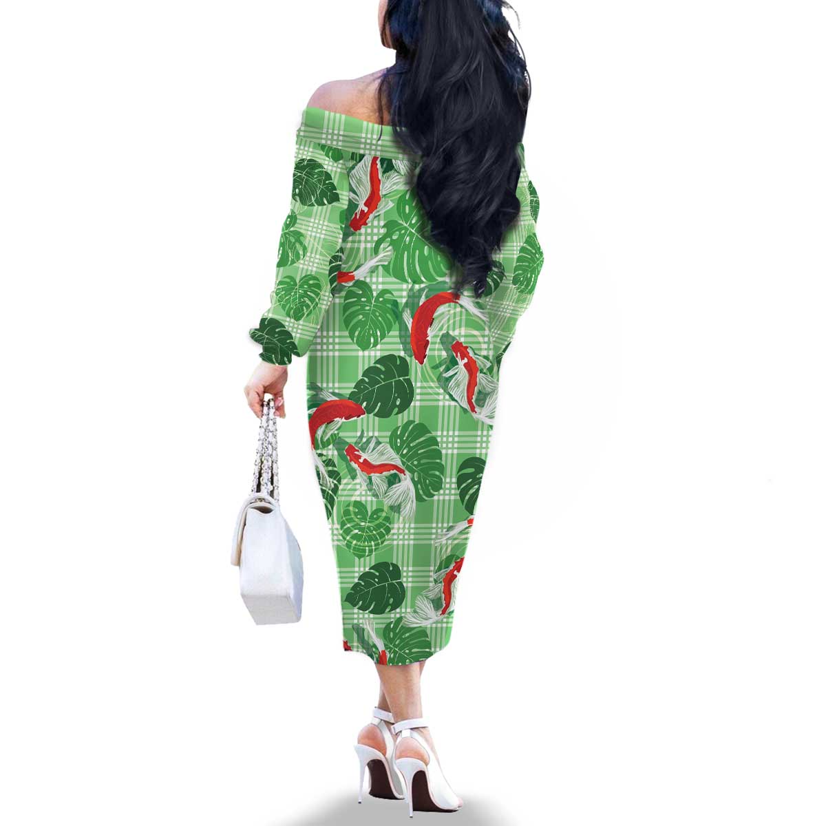Lime Palaka Hawaii Aloha Family Matching Off The Shoulder Long Sleeve Dress and Hawaiian Shirt Koi Pond Mix Monstera - Polynesian Pride