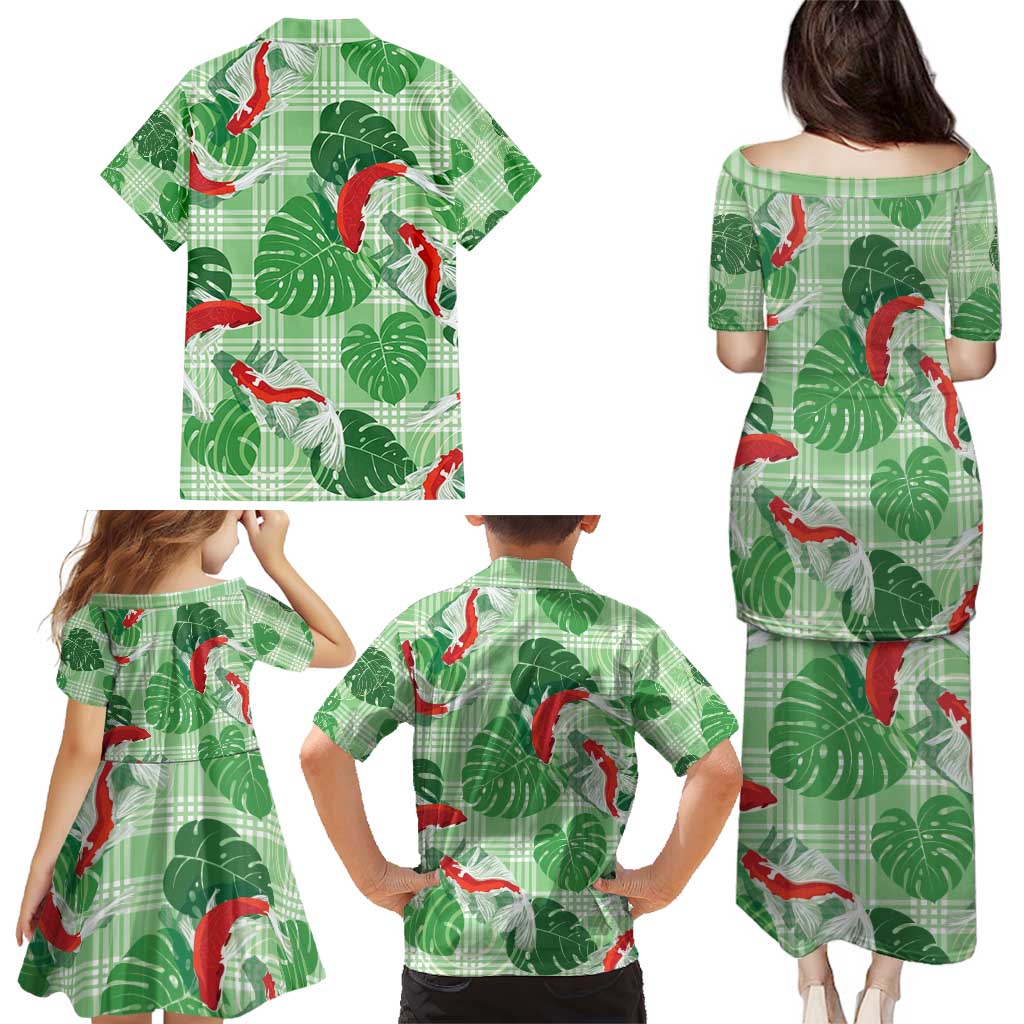 Lime Palaka Hawaii Aloha Family Matching Puletasi and Hawaiian Shirt Koi Pond Mix Monstera - Polynesian Pride