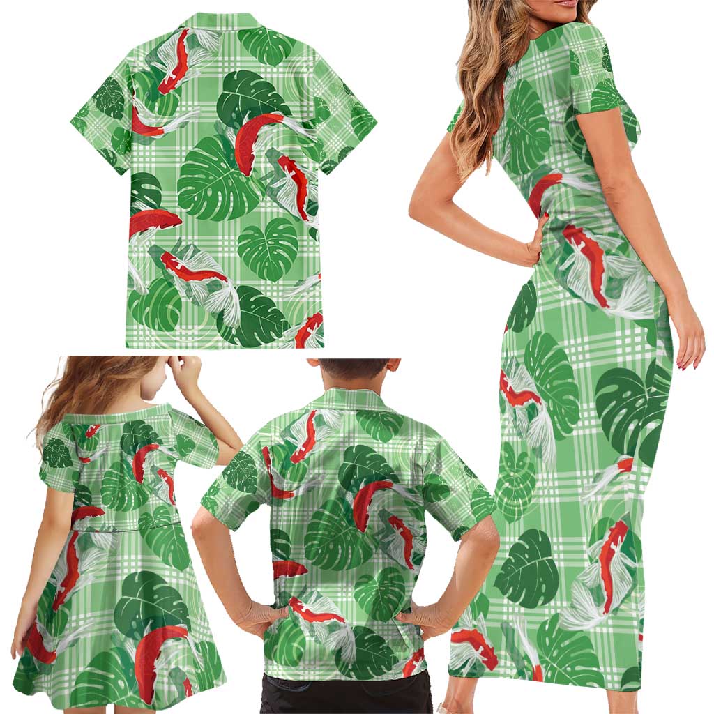Lime Palaka Hawaii Aloha Family Matching Short Sleeve Bodycon Dress and Hawaiian Shirt Koi Pond Mix Monstera - Polynesian Pride