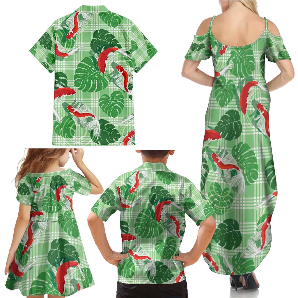 Lime Palaka Hawaii Aloha Family Matching Summer Maxi Dress and Hawaiian Shirt Koi Pond Mix Monstera - Polynesian Pride