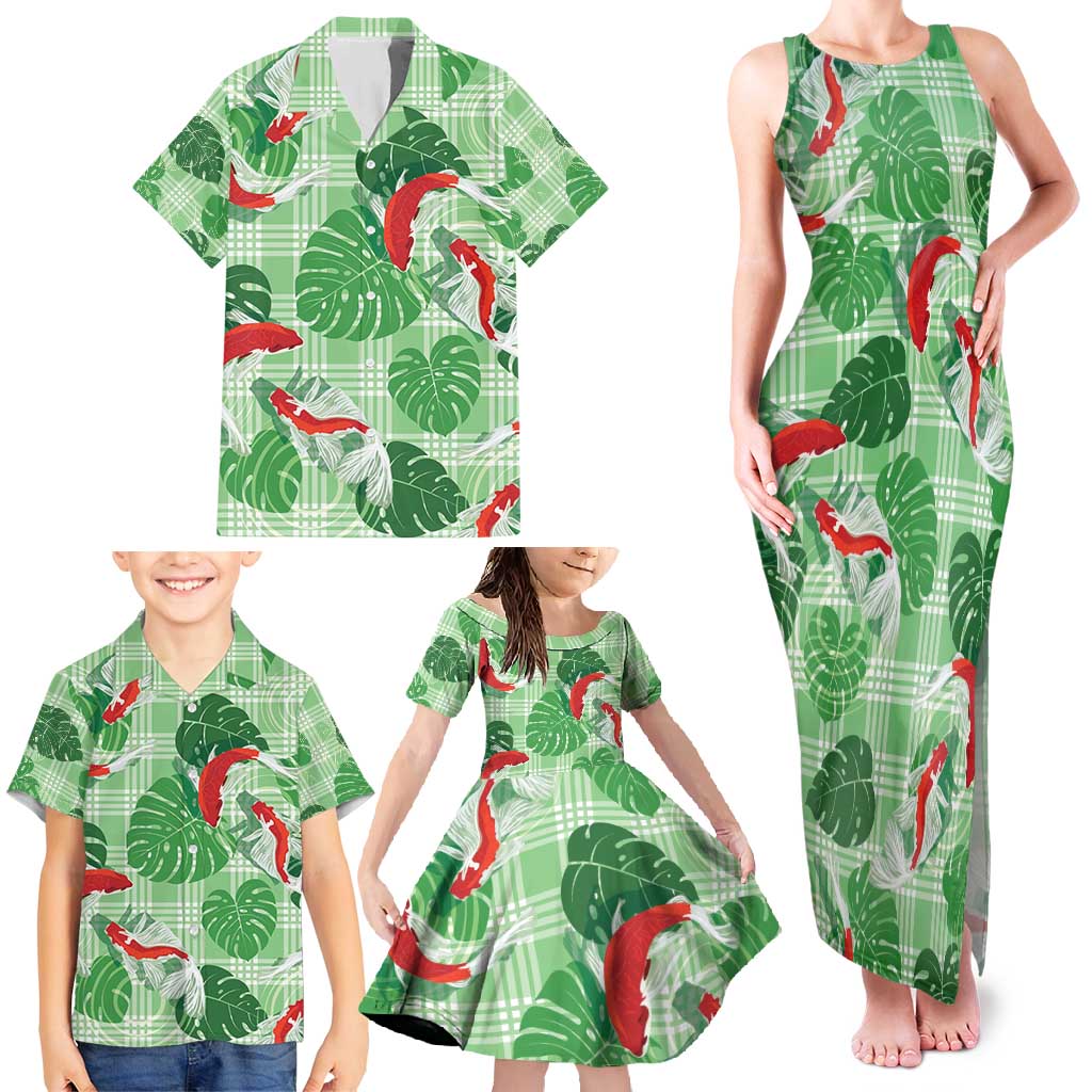 Lime Palaka Hawaii Aloha Family Matching Tank Maxi Dress and Hawaiian Shirt Koi Pond Mix Monstera - Polynesian Pride