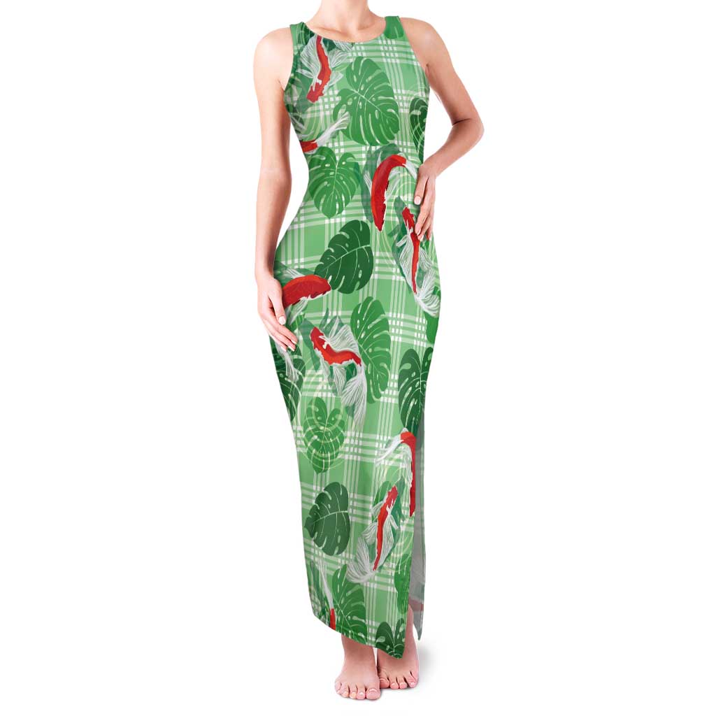Lime Palaka Hawaii Aloha Family Matching Tank Maxi Dress and Hawaiian Shirt Koi Pond Mix Monstera - Polynesian Pride