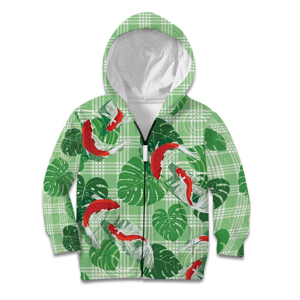 Lime Palaka Hawaii Aloha Kid Hoodie Koi Pond Mix Monstera - Polynesian Pride