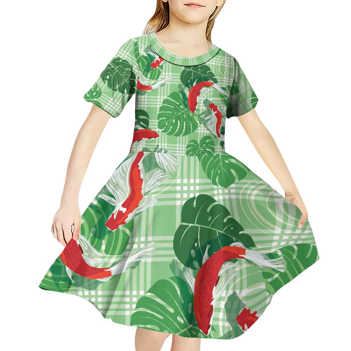 Lime Palaka Hawaii Aloha Kid Short Sleeve Dress Koi Pond Mix Monstera - Polynesian Pride