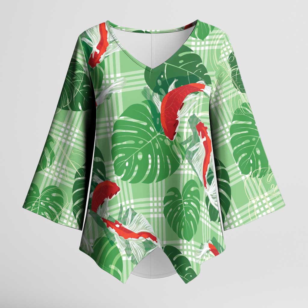 Lime Palaka Hawaii Aloha Kimono Sleeve Blouse Koi Pond Mix Monstera - Polynesian Pride