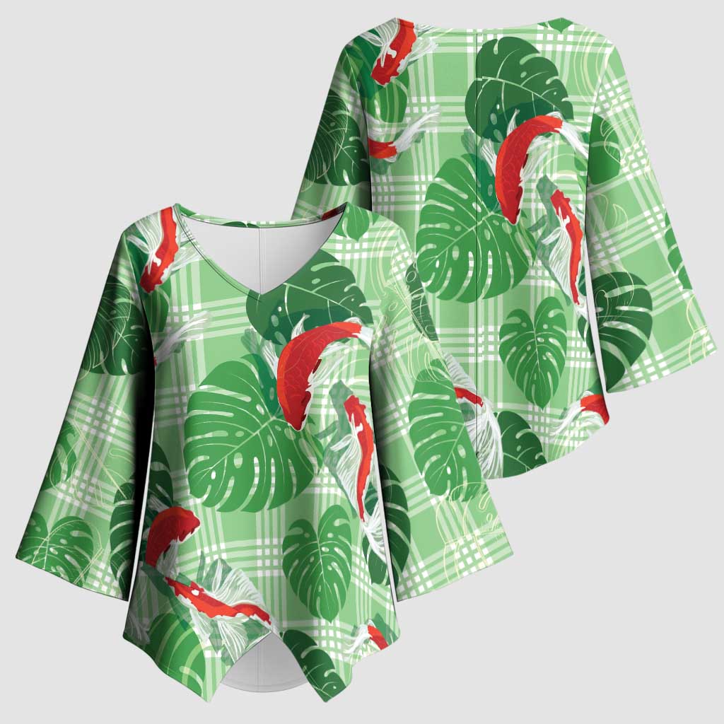 Lime Palaka Hawaii Aloha Kimono Sleeve Blouse Koi Pond Mix Monstera - Polynesian Pride