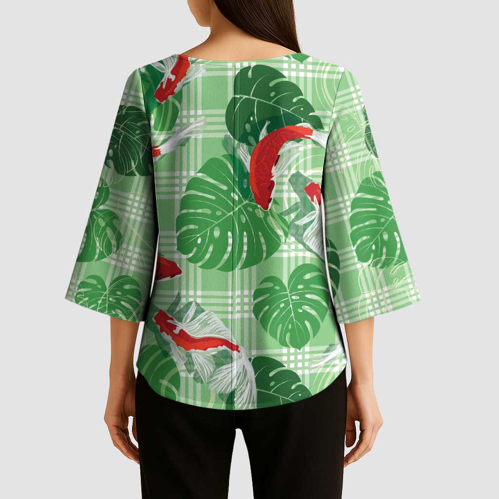 Lime Palaka Hawaii Aloha Kimono Sleeve Blouse Koi Pond Mix Monstera - Polynesian Pride