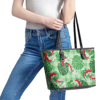 Lime Palaka Hawaii Aloha Leather Tote Bag Koi Pond Mix Monstera - Polynesian Pride