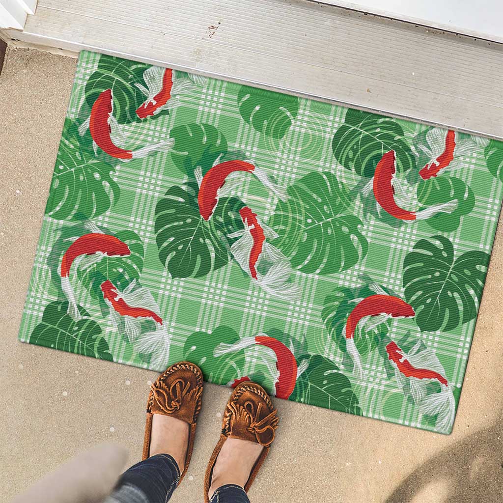 Lime Palaka Hawaii Aloha Rubber Doormat Koi Pond Mix Monstera - Polynesian Pride