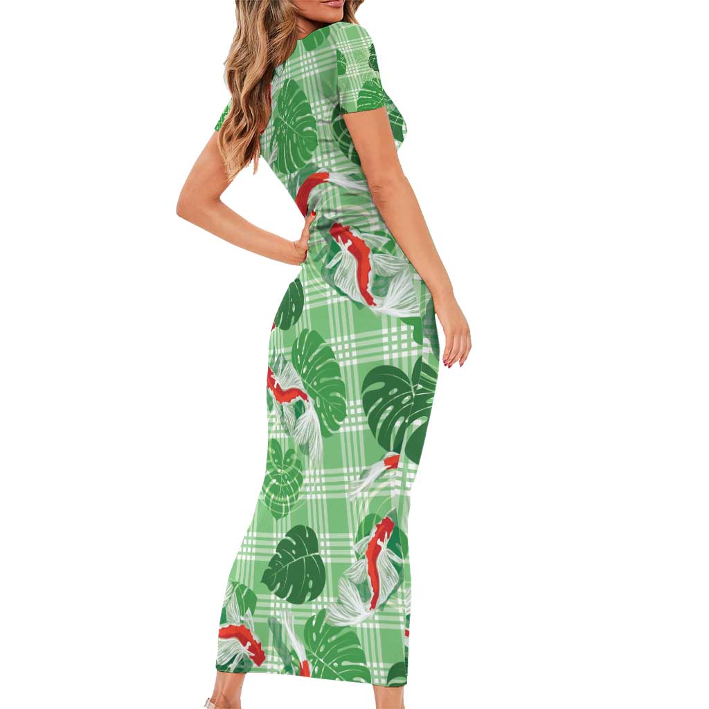 Lime Palaka Hawaii Aloha Short Sleeve Bodycon Dress Koi Pond Mix Monstera - Polynesian Pride