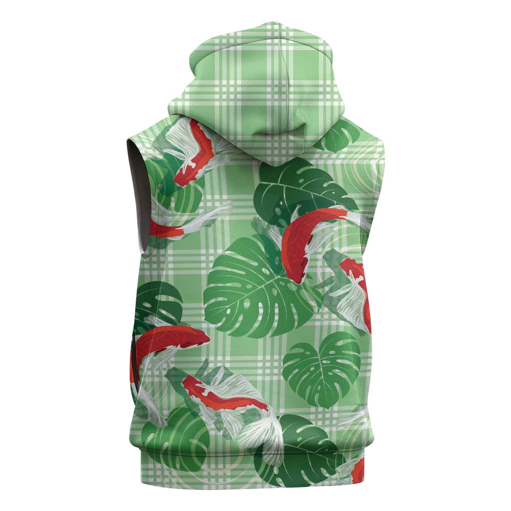 Lime Palaka Hawaii Aloha Sleeveless Zip Hoodie Koi Pond Mix Monstera - Polynesian Pride
