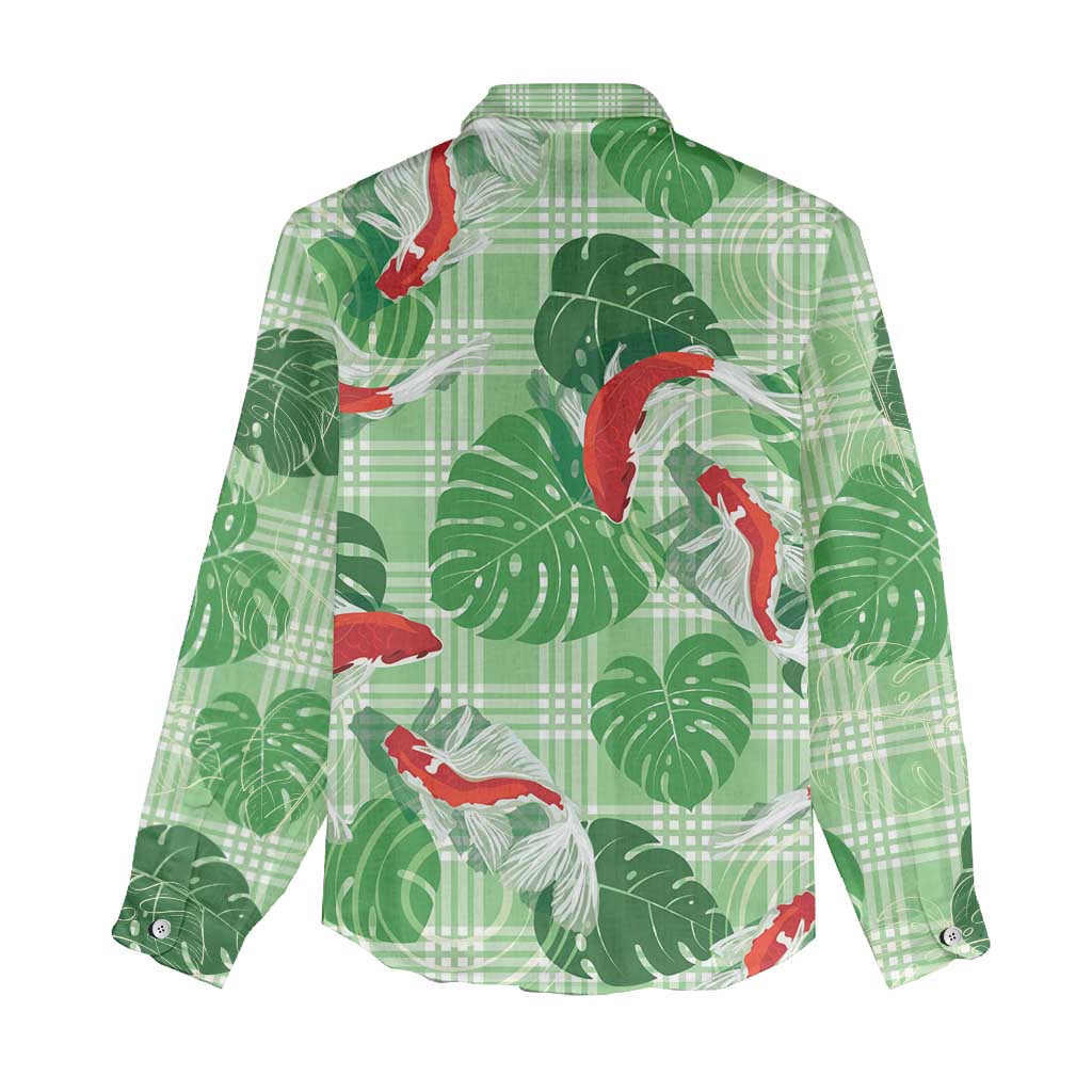 Lime Palaka Hawaii Aloha Women Casual Shirt Koi Pond Mix Monstera - Polynesian Pride
