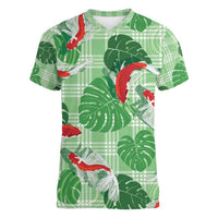 Lime Palaka Hawaii Aloha Women V-Neck T-Shirt Koi Pond Mix Monstera - Polynesian Pride