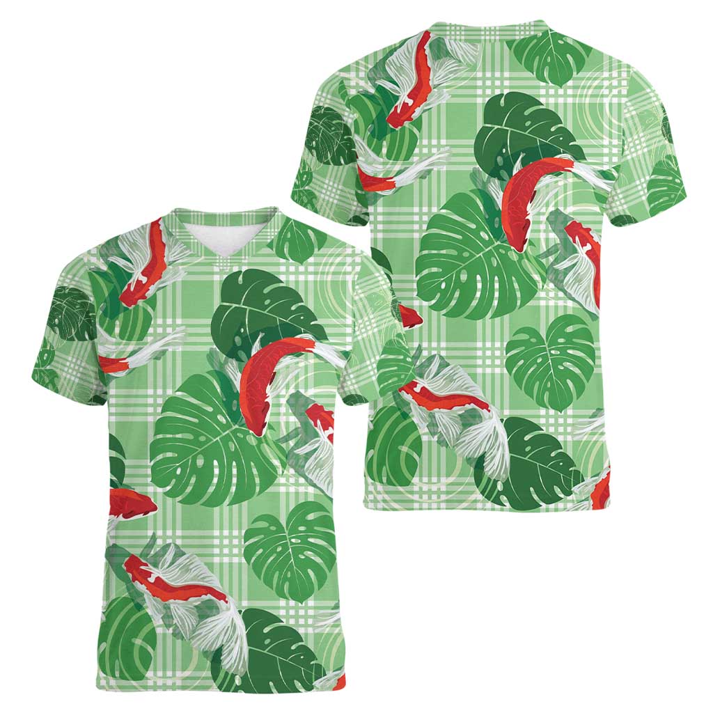 Lime Palaka Hawaii Aloha Women V-Neck T-Shirt Koi Pond Mix Monstera - Polynesian Pride