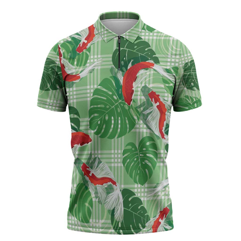 Lime Palaka Hawaii Aloha Zipper Polo Shirt Koi Pond Mix Monstera - Polynesian Pride