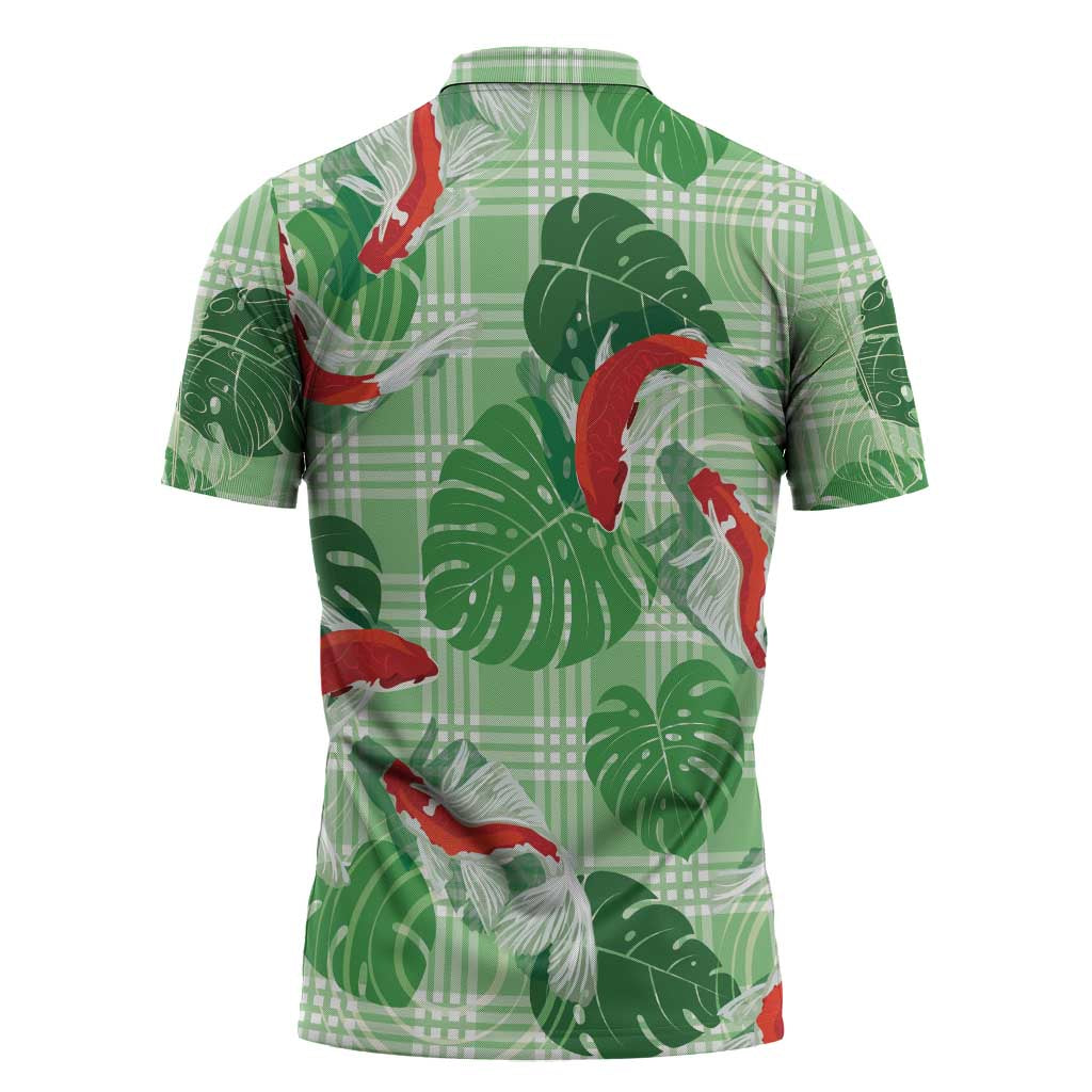 Lime Palaka Hawaii Aloha Zipper Polo Shirt Koi Pond Mix Monstera - Polynesian Pride
