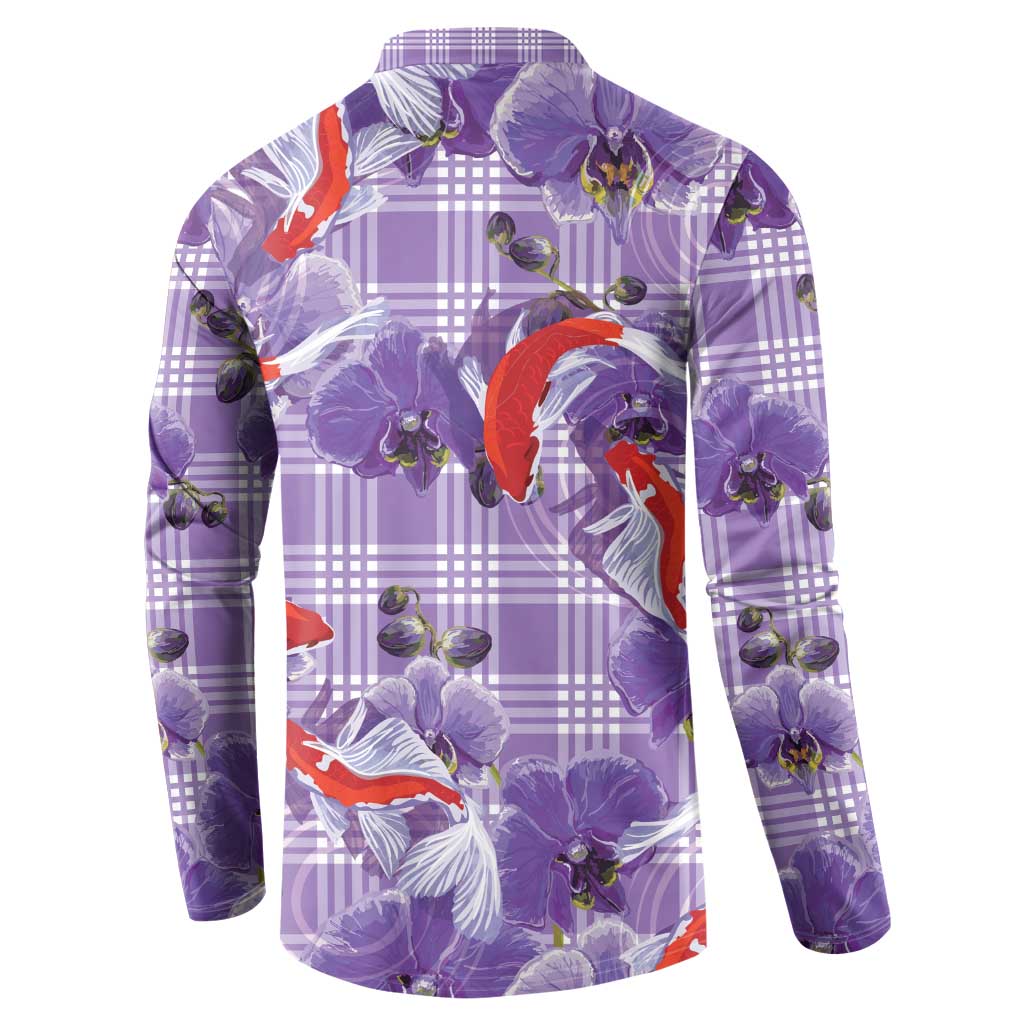 Lavender Palaka Hawaii Aloha Button Sweatshirt Koi Pond Mix Orchids - Polynesian Pride