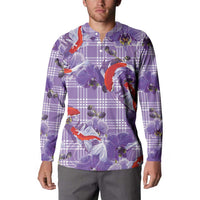 Lavender Palaka Hawaii Aloha Button Sweatshirt Koi Pond Mix Orchids - Polynesian Pride