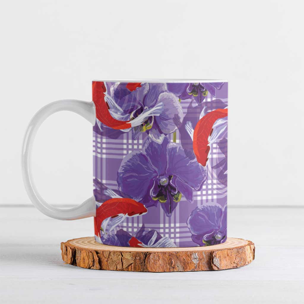 Lavender Palaka Hawaii Aloha Ceramic Mug Koi Pond Mix Orchids - Polynesian Pride
