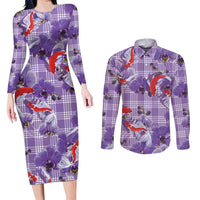 Lavender Palaka Hawaii Aloha Couples Matching Long Sleeve Bodycon Dress and Long Sleeve Button Shirt Koi Pond Mix Orchids - Polynesian Pride