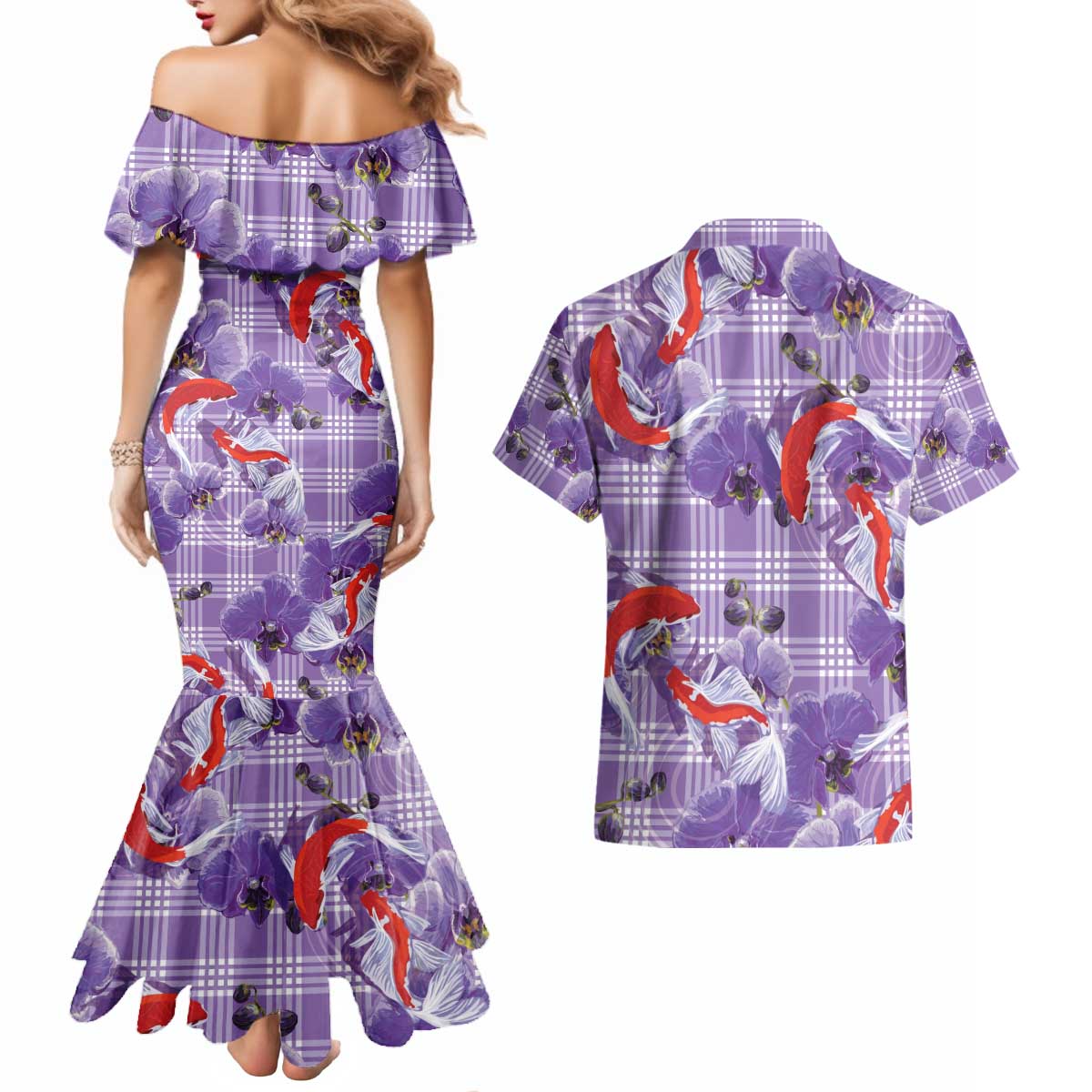 Lavender Palaka Hawaii Aloha Couples Matching Mermaid Dress and Hawaiian Shirt Koi Pond Mix Orchids - Polynesian Pride