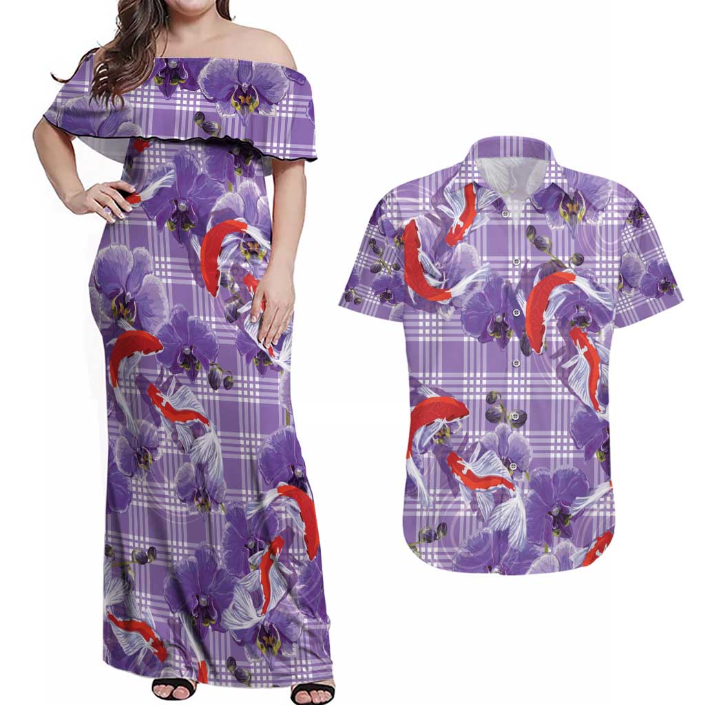 Lavender Palaka Hawaii Aloha Couples Matching Off Shoulder Maxi Dress and Hawaiian Shirt Koi Pond Mix Orchids - Polynesian Pride