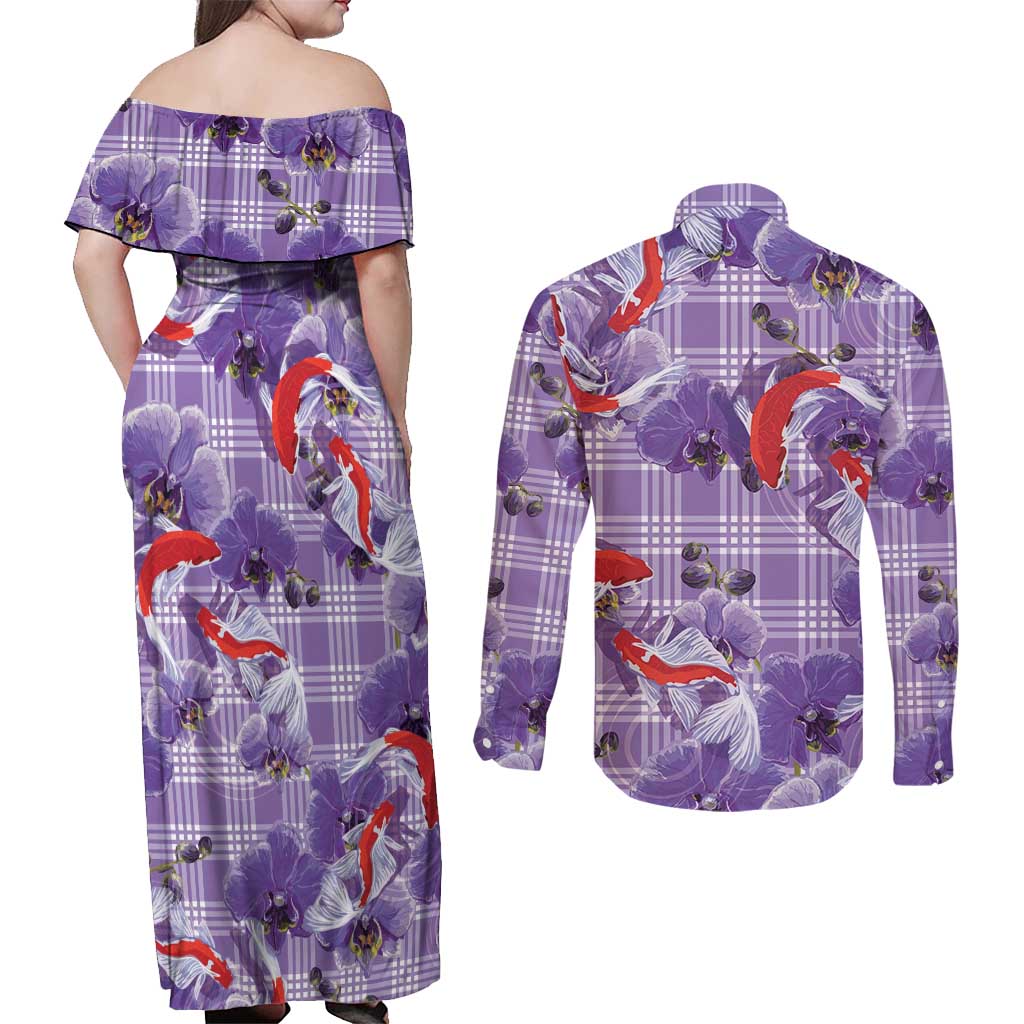 Lavender Palaka Hawaii Aloha Couples Matching Off Shoulder Maxi Dress and Long Sleeve Button Shirt Koi Pond Mix Orchids - Polynesian Pride