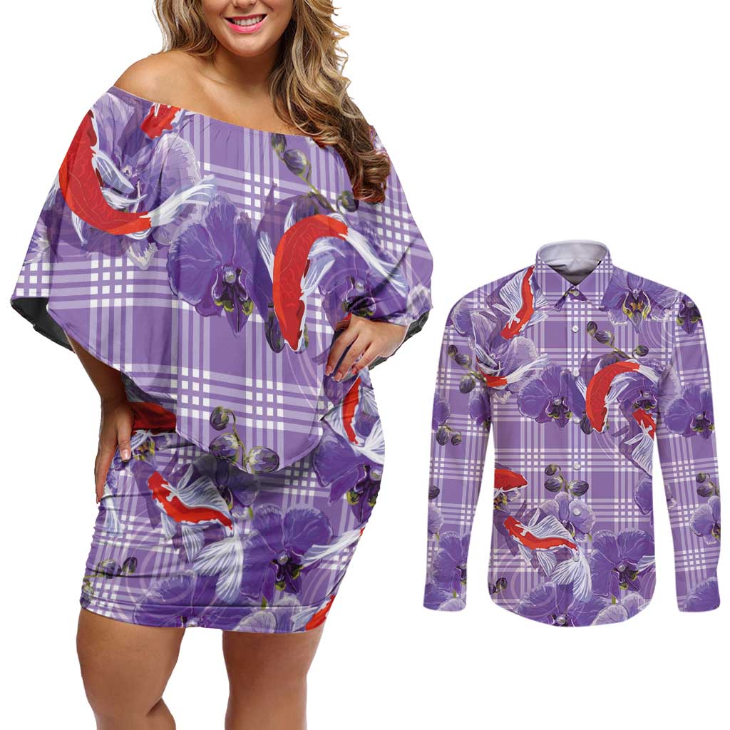 Lavender Palaka Hawaii Aloha Couples Matching Off Shoulder Short Dress and Long Sleeve Button Shirt Koi Pond Mix Orchids - Polynesian Pride