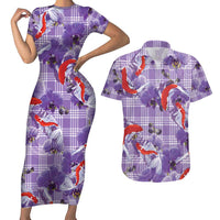 Lavender Palaka Hawaii Aloha Couples Matching Short Sleeve Bodycon Dress and Hawaiian Shirt Koi Pond Mix Orchids - Polynesian Pride