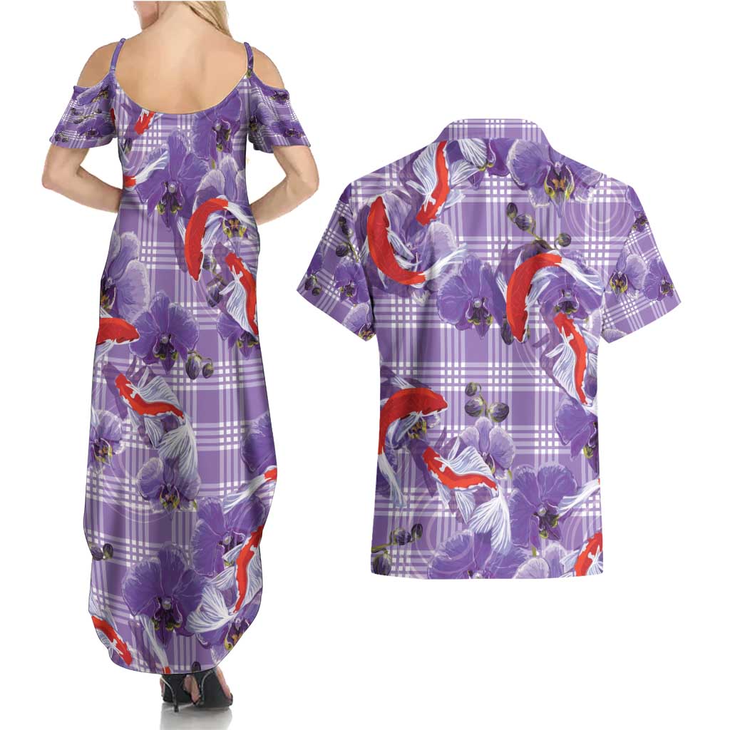 Lavender Palaka Hawaii Aloha Couples Matching Summer Maxi Dress and Hawaiian Shirt Koi Pond Mix Orchids - Polynesian Pride