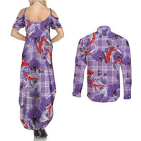 Lavender Palaka Hawaii Aloha Couples Matching Summer Maxi Dress and Long Sleeve Button Shirt Koi Pond Mix Orchids - Polynesian Pride